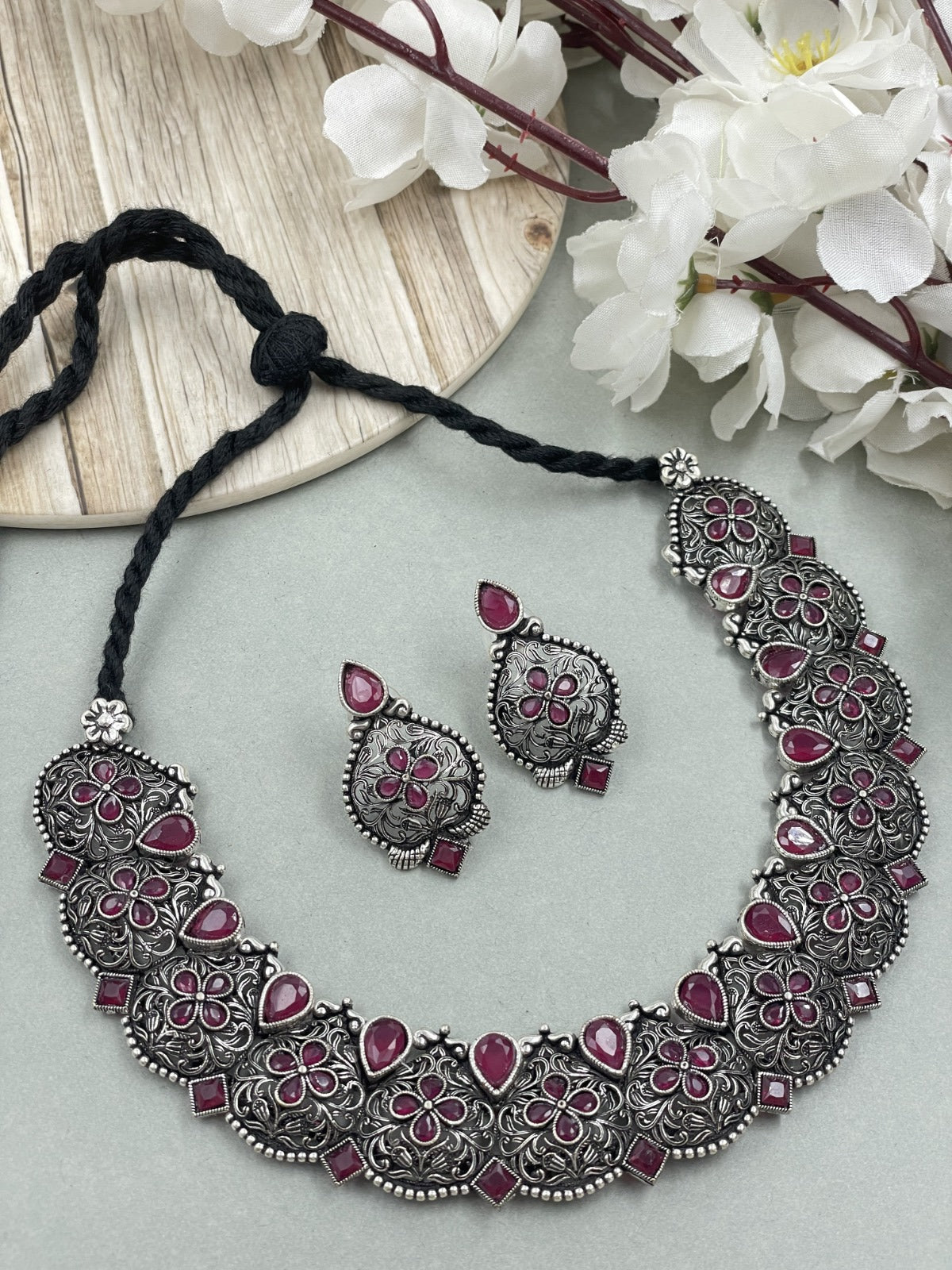 AARADHYA OXIDISED SILVER STONE NECKLACE SET