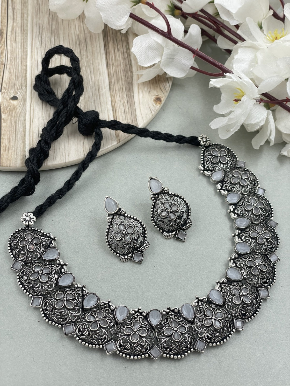 AARADHYA OXIDISED SILVER STONE NECKLACE SET