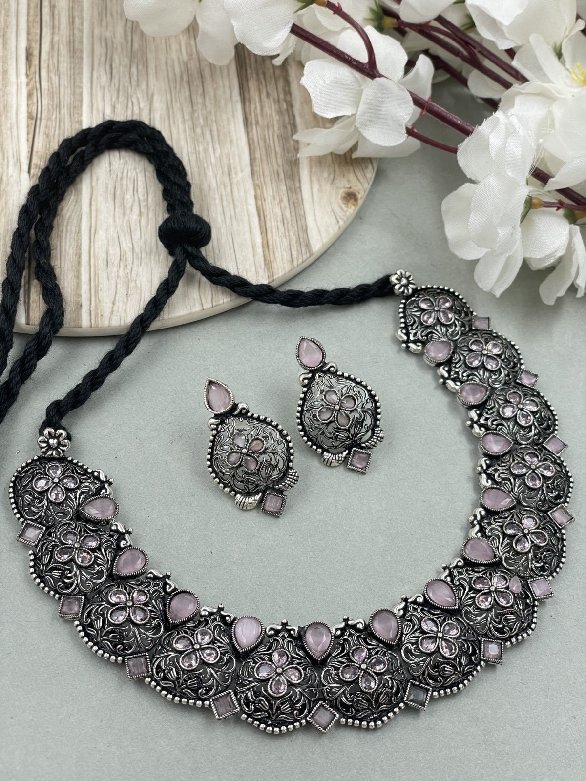 AARADHYA OXIDISED SILVER STONE NECKLACE SET