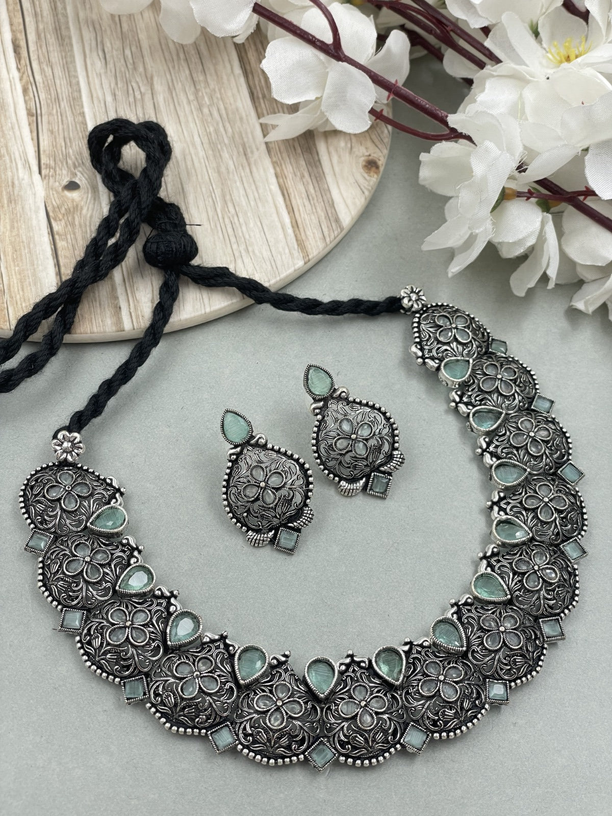 AARADHYA OXIDISED SILVER STONE NECKLACE SET