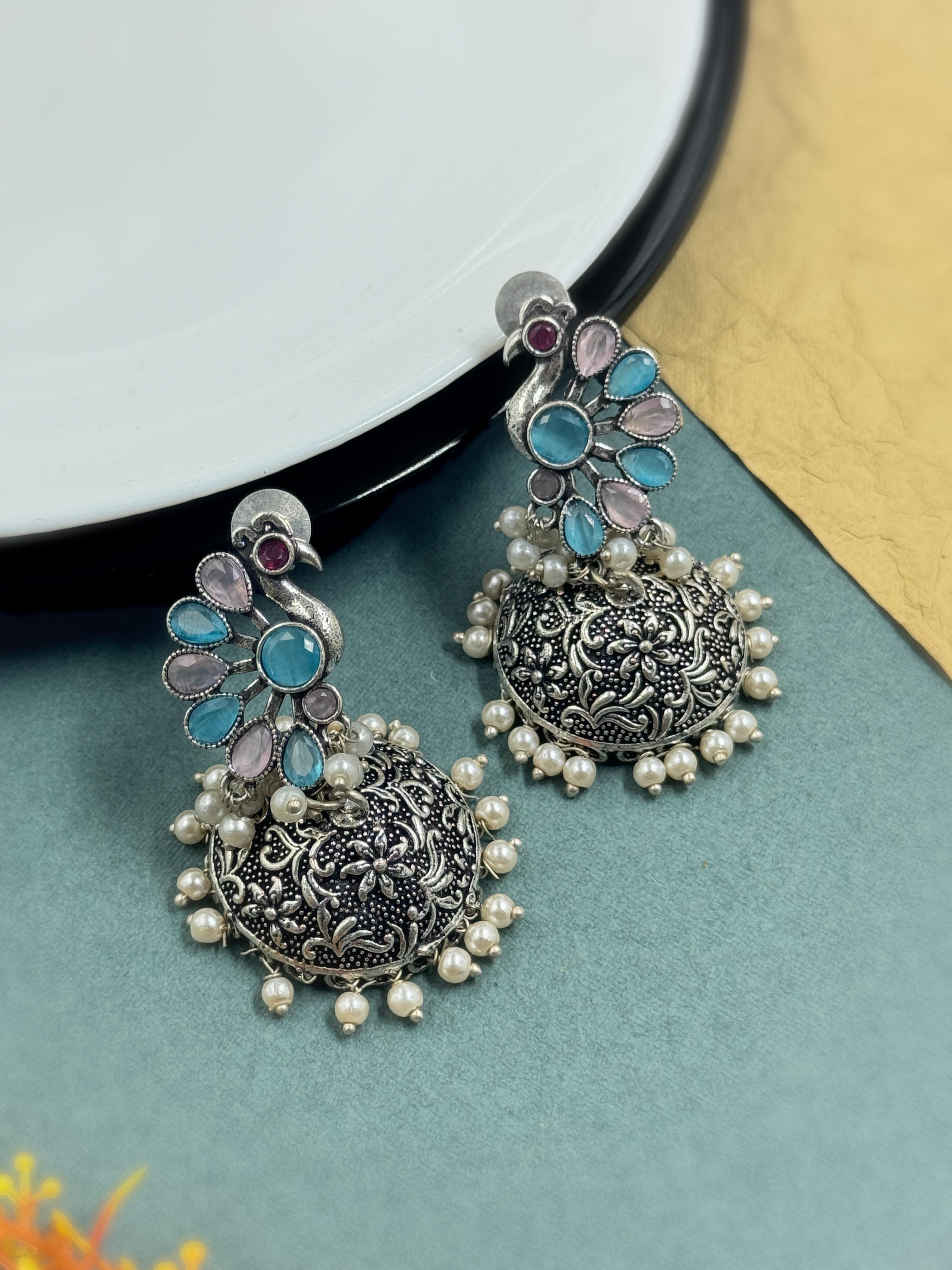 CRYSTAL OXIDISED JHUMKA EARRINGS