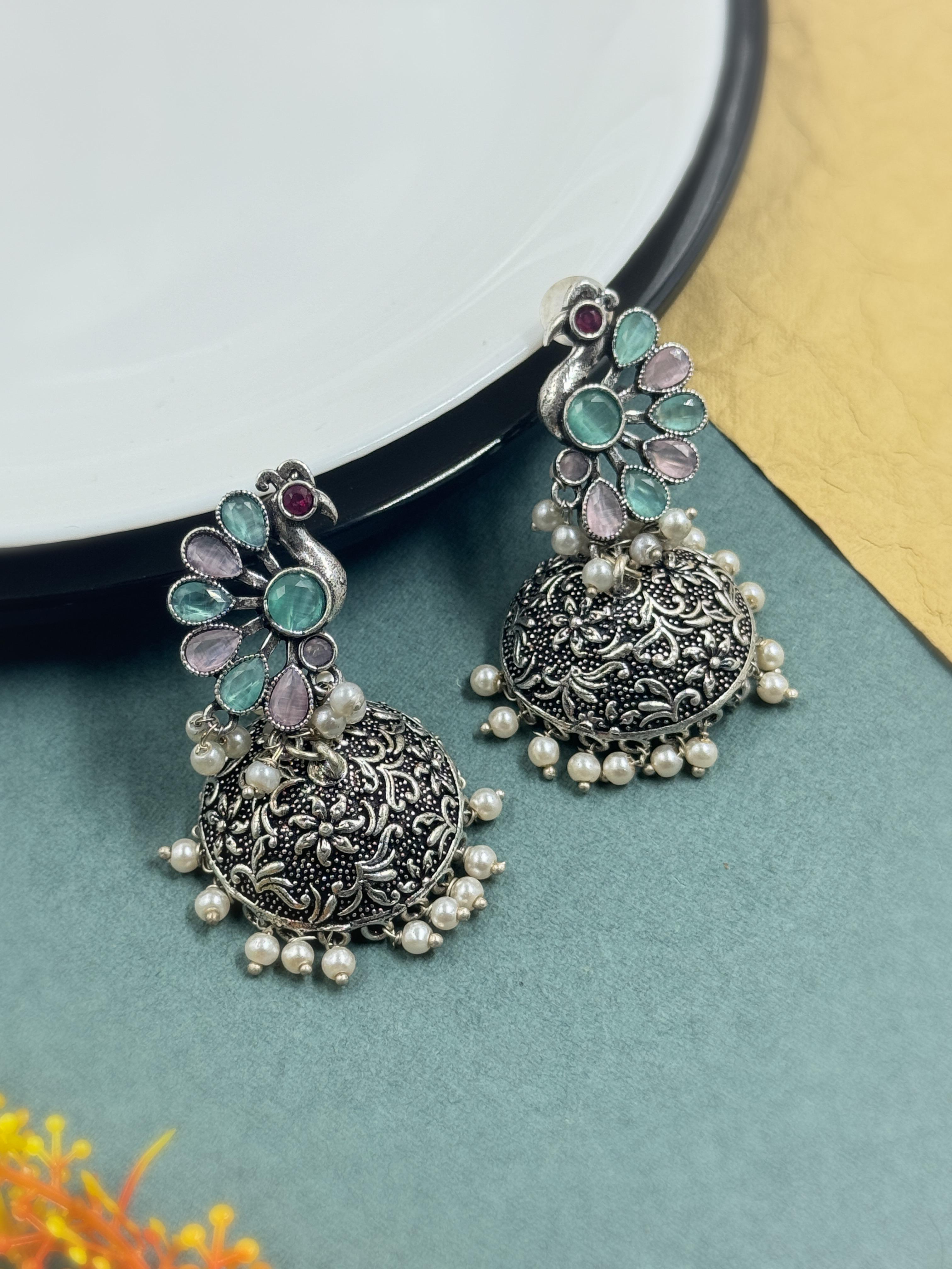 CRYSTAL OXIDISED JHUMKA EARRINGS