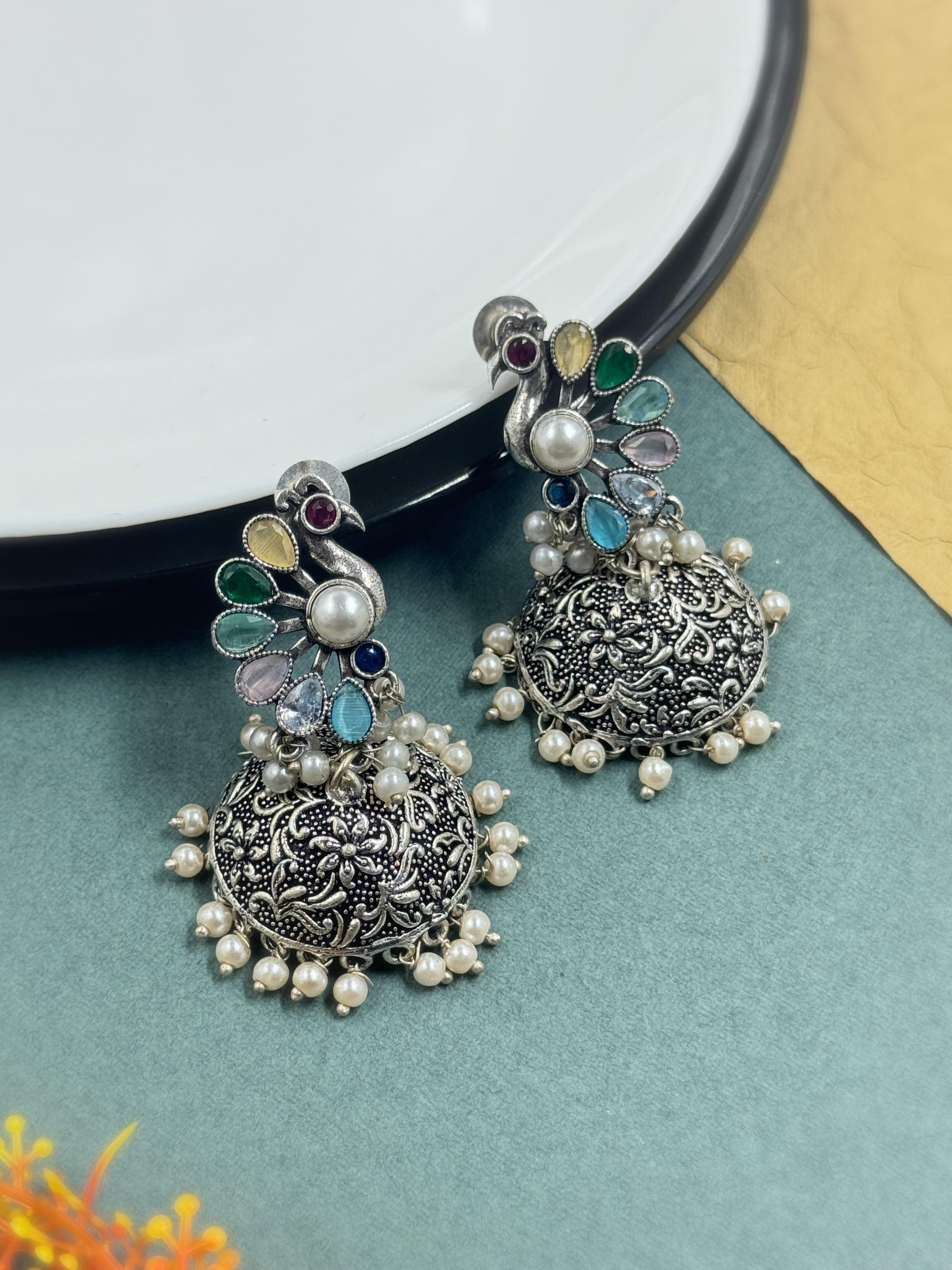 CRYSTAL OXIDISED JHUMKA EARRINGS