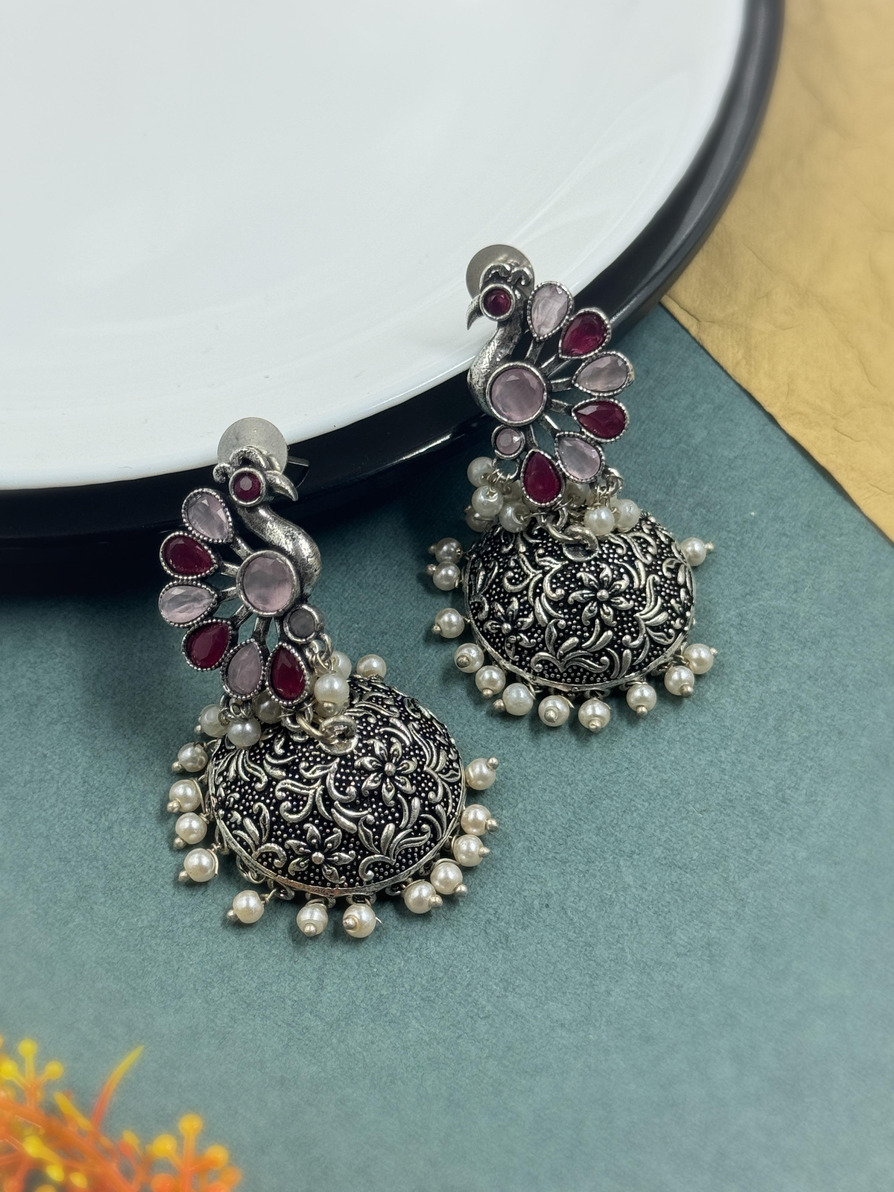 CRYSTAL OXIDISED JHUMKA EARRINGS