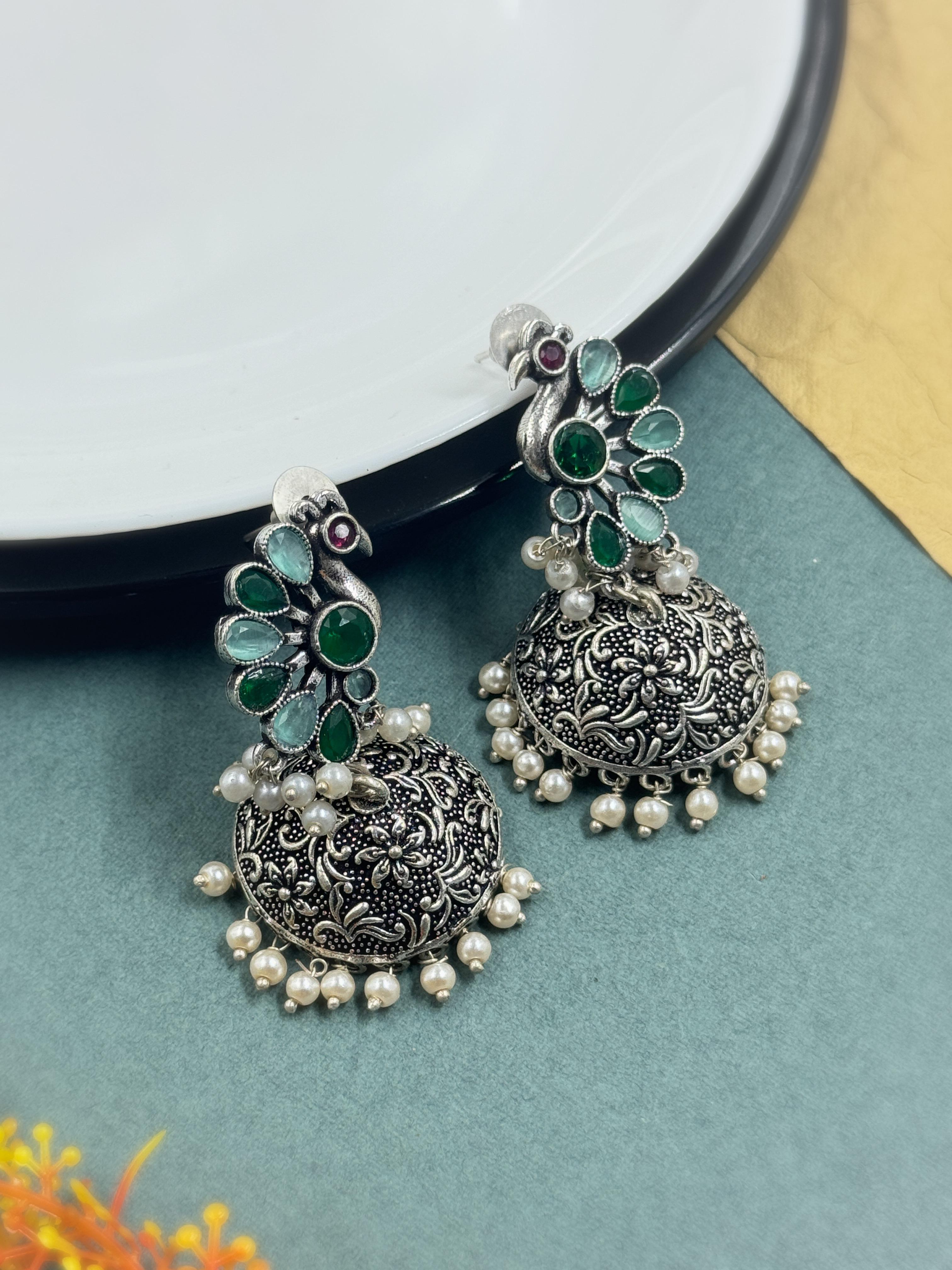 CRYSTAL OXIDISED JHUMKA EARRINGS