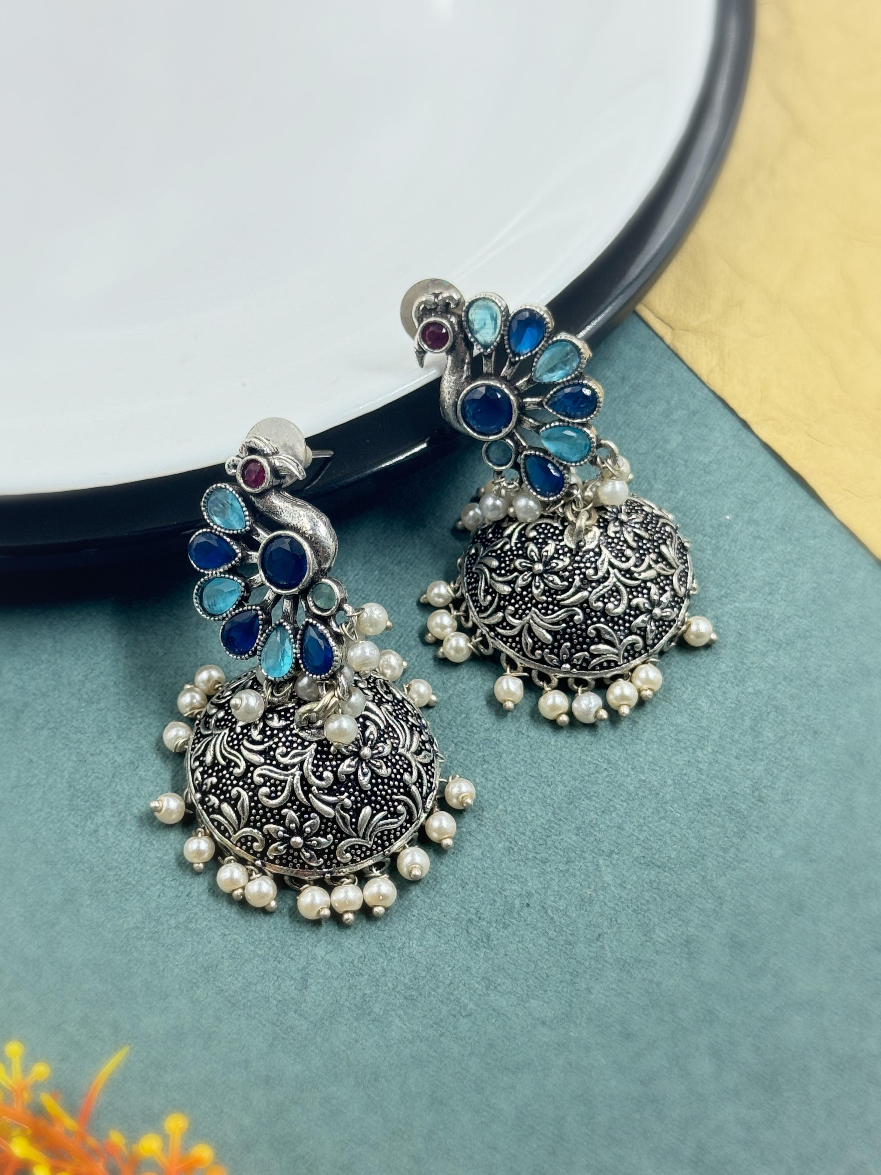 CRYSTAL OXIDISED JHUMKA EARRINGS