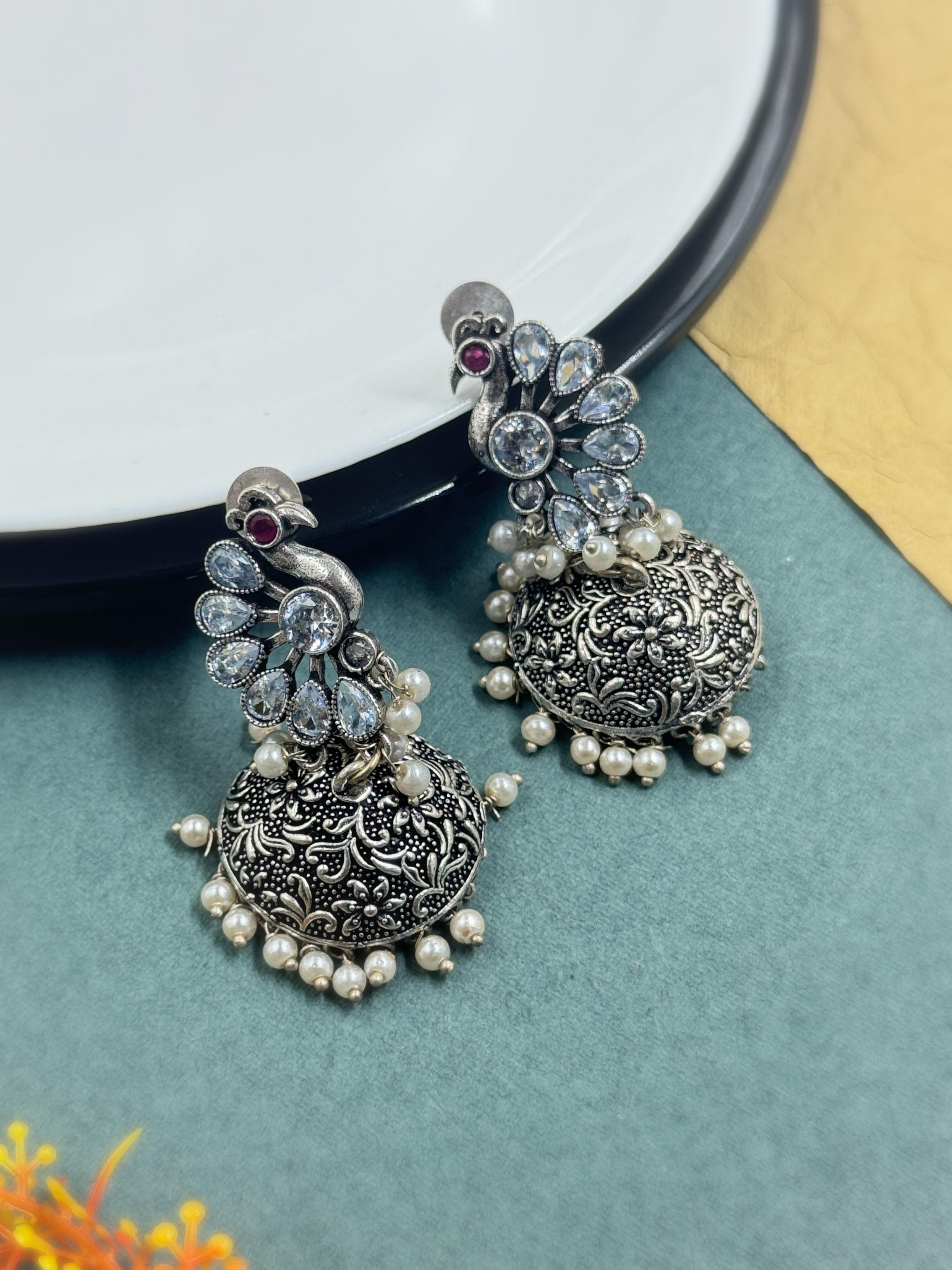 CRYSTAL OXIDISED JHUMKA EARRINGS