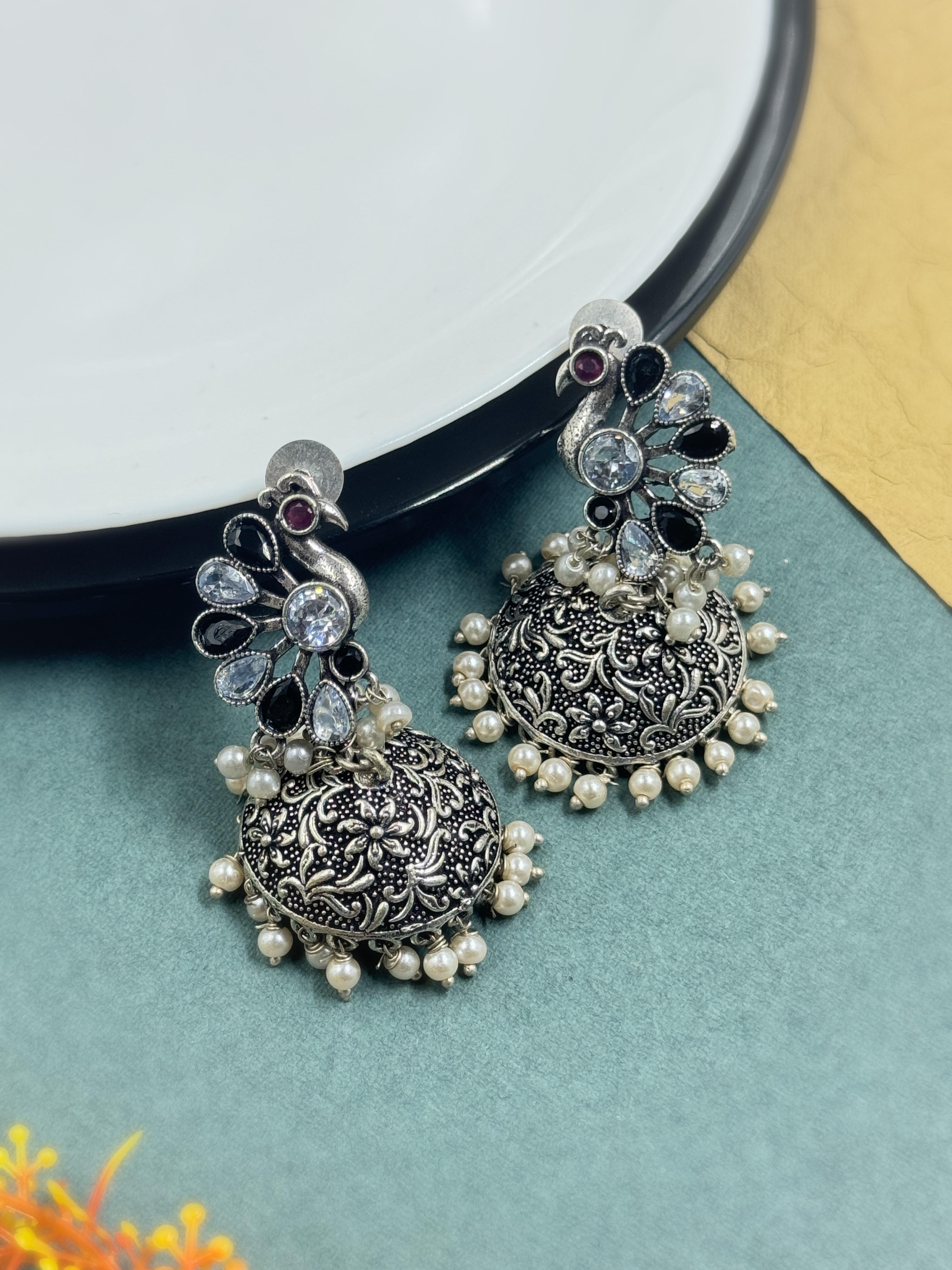 CRYSTAL OXIDISED JHUMKA EARRINGS