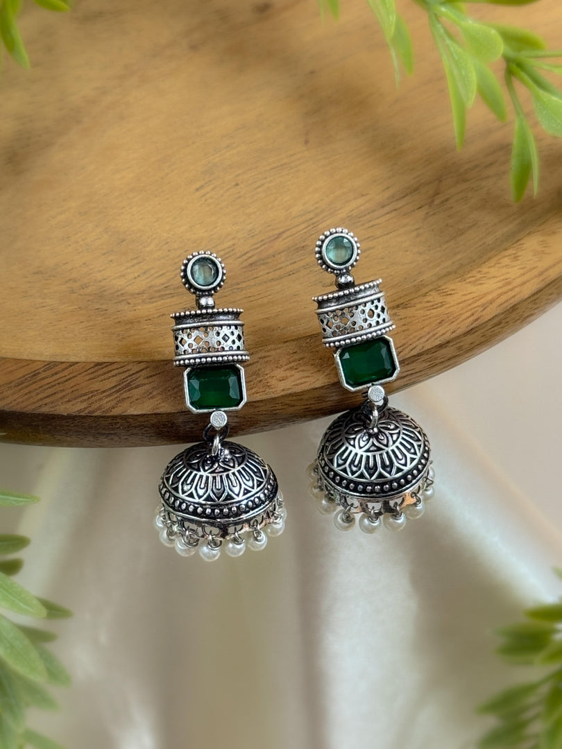 ANIKA OXIDISED STONE JHUMKA EARRINGS