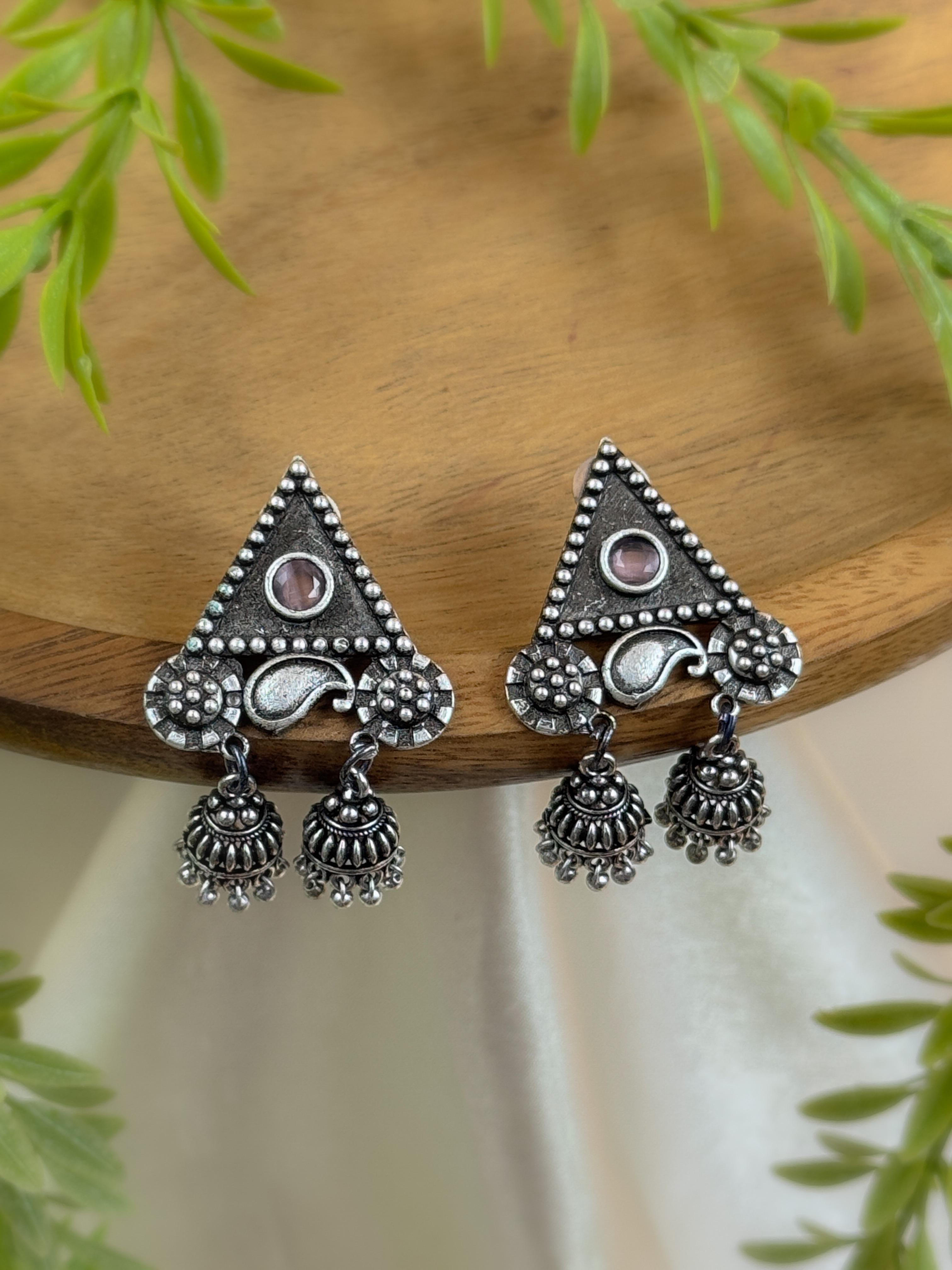 AADHYA OXIDISED STONE JHUMKA EARRINGS