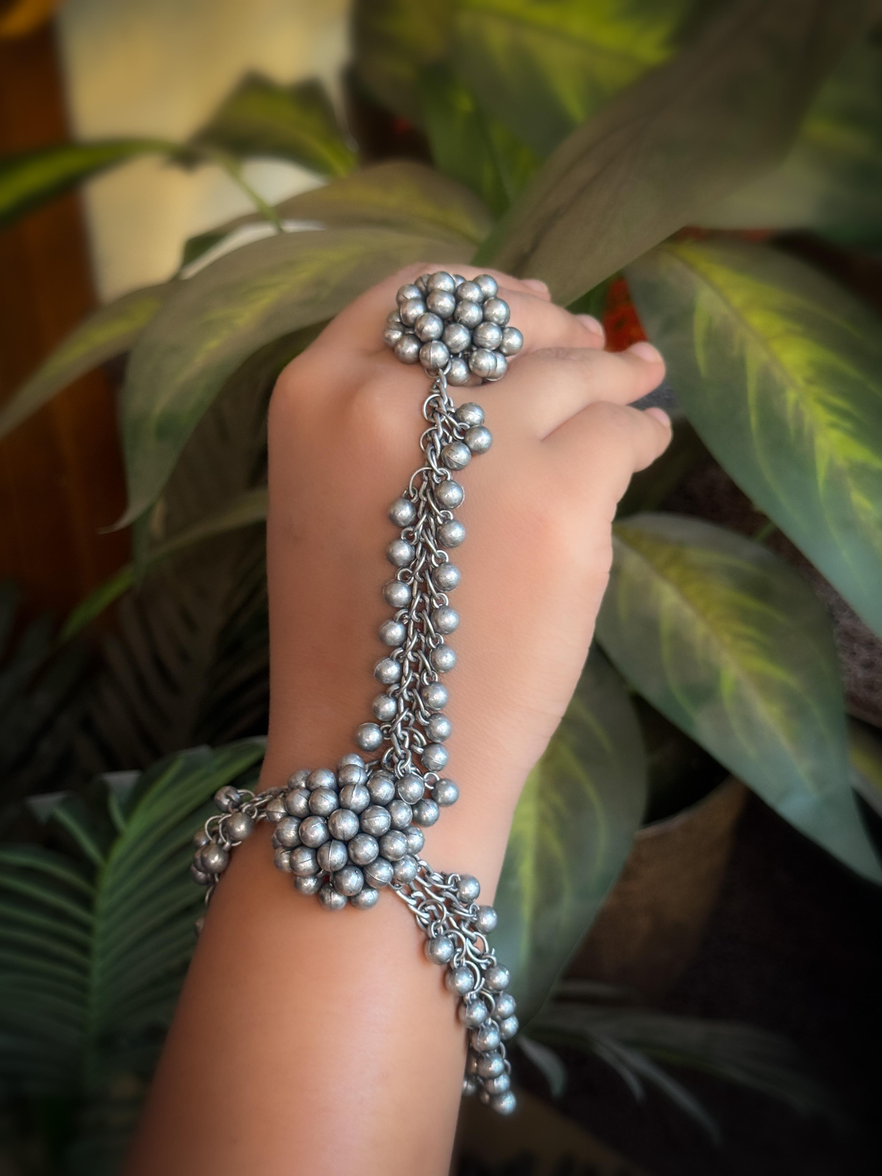 OXIDISED FLOWER FINGER RING BRACELET KADA