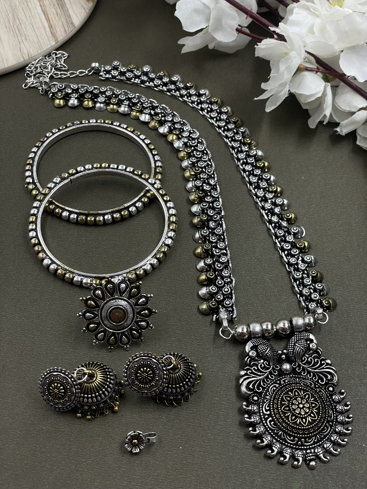 SMRITI 2 LINE OXIDISED CHAIN PENDANT JEWELLERY SET COMBO