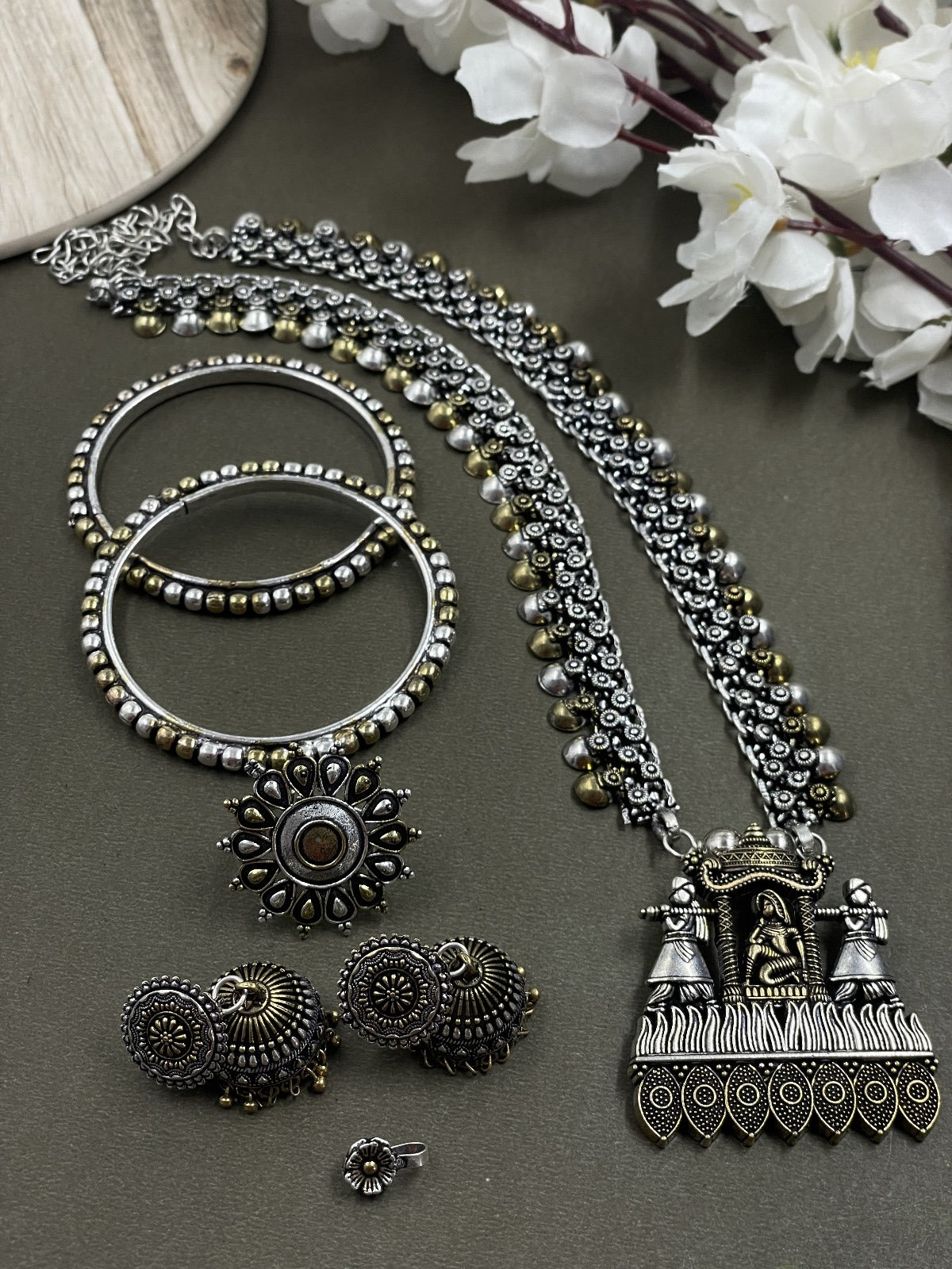 SMRITI 2 LINE OXIDISED CHAIN PENDANT JEWELLERY SET COMBO