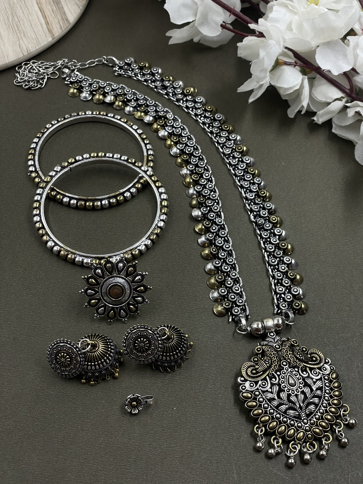 SMRITI 2 LINE OXIDISED CHAIN PENDANT JEWELLERY SET COMBO