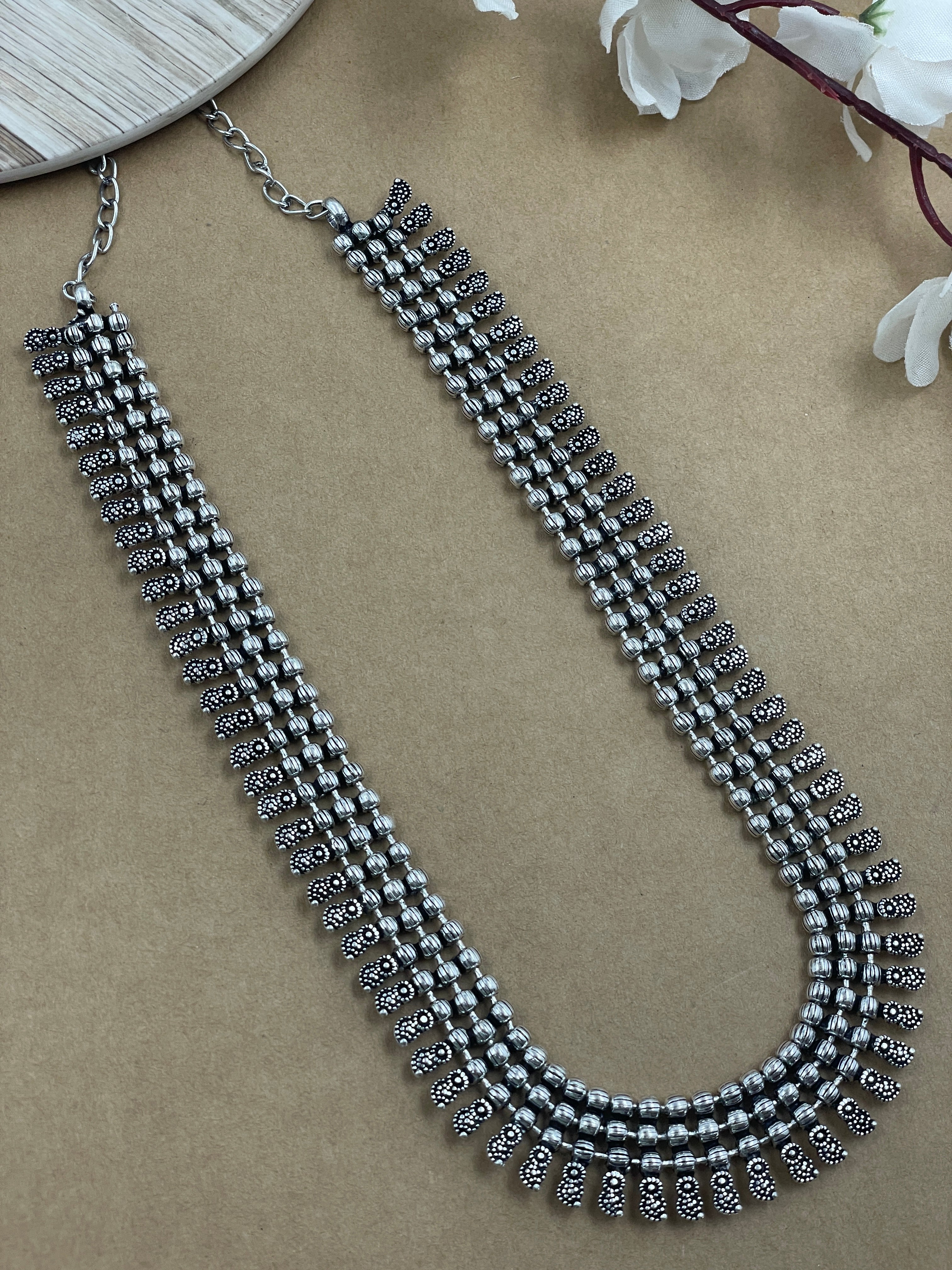 SOUMYA 3 LINE SILVER OXIDISED NECKLACE JEWELLERY SET COMBO